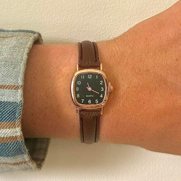 Y2K Rose Gold Brown Leather Quartz Watch with Black Dial Unisex 8.5" New - Picture 2 of 5